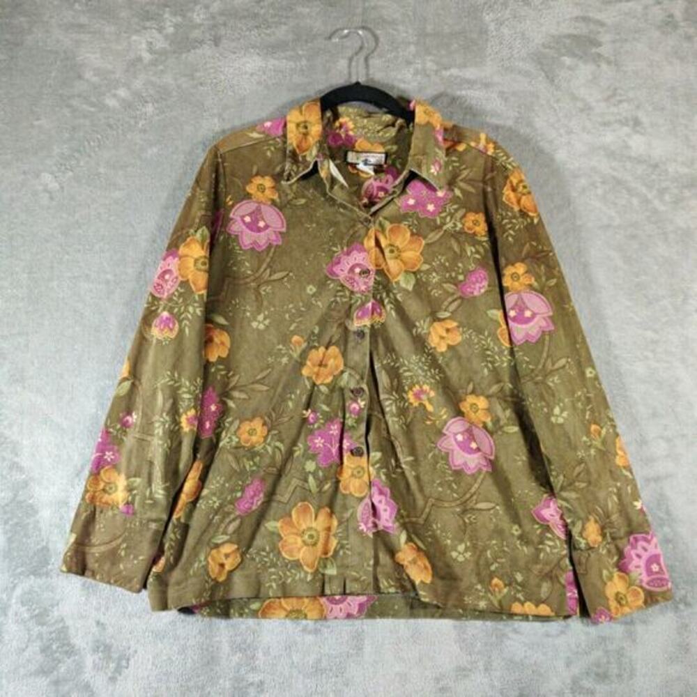Caribbean Joe Shirt Womens PL Brown Floral Blouse Long Sleeve Cottagecore